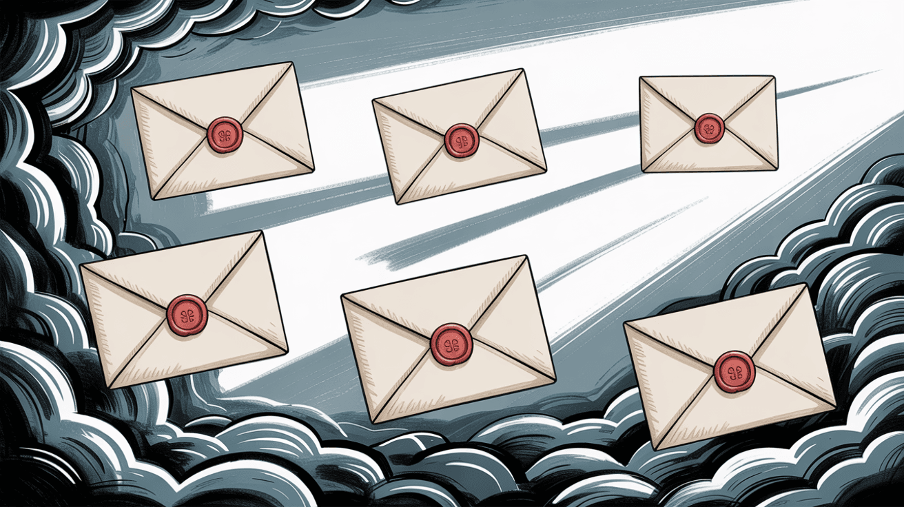 Email envelopes floating in gray fog illustrating the graymail concept between legitimate and spam emails